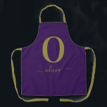 Monogram Script Name Personalized Purple And Gold Apron<br><div class="desc">This stylish monogram and elegant script name design can be given as a gift for a birthday,  wedding favour,  bridal shower or any occasion. It can be customized with the person's initial and name.</div>
