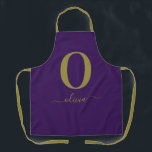 Monogram Script Name Personalized Purple And Gold Apron<br><div class="desc">This stylish monogram and elegant script name design can be given as a gift for a birthday,  wedding favour,  bridal shower or any occasion. It can be customized with the person's initial and name.</div>