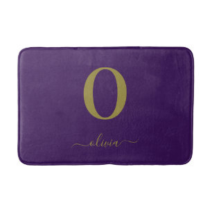 Monogram Script Name Personalized Purple And Gold Bath Mat