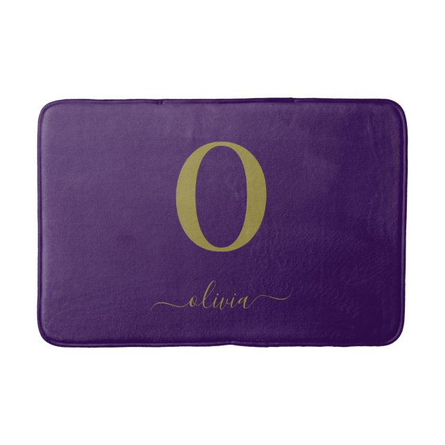Monogram Script Name Personalized Purple And Gold Bath Mat (Front)
