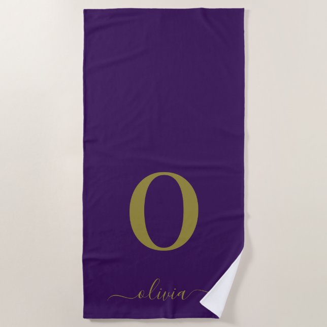 Monogram Script Name Personalized Purple And Gold Beach Towel (Front)