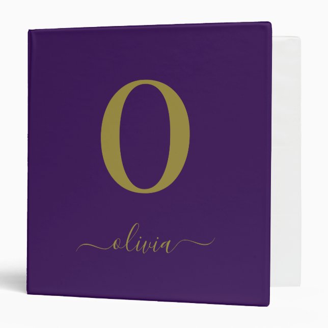 Monogram Script Name Personalized Purple And Gold Binder (Front/Inside)