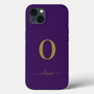 Monogram Script Name Personalized Purple And Gold iPhone 13 Case