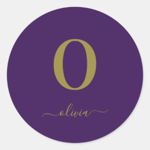 Monogram Script Name Personalized Purple And Gold Classic Round Sticker