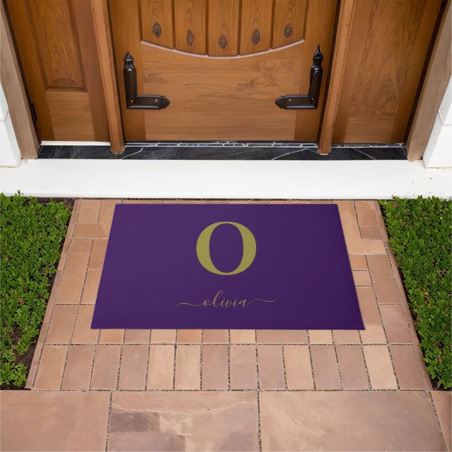 Monogram Script Name Personalized Purple And Gold Doormat (Outdoor)