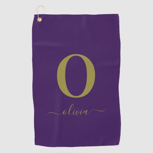 Monogram Script Name Personalized Purple And Gold Golf Towel (Front)