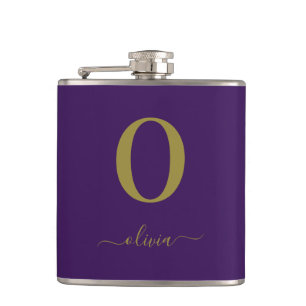 Monogram Script Name Personalized Purple And Gold Hip Flask