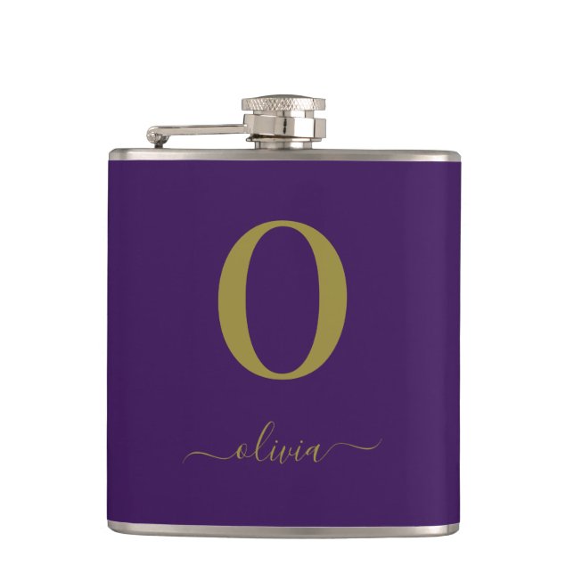 Monogram Script Name Personalized Purple And Gold Hip Flask (Front)