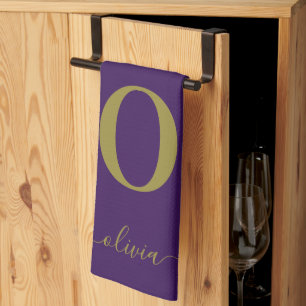 Monogram Script Name Personalized Purple And Gold Kitchen Towel