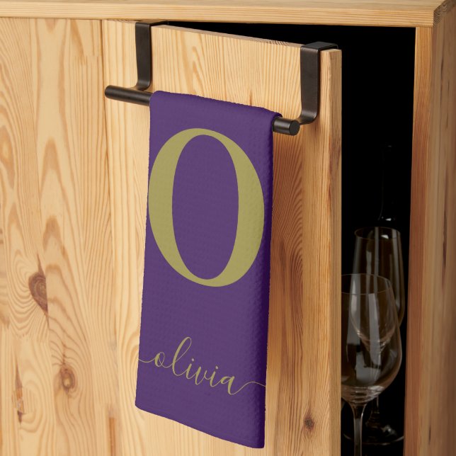 Monogram Script Name Personalized Purple And Gold Kitchen Towel (Thirds Fold)