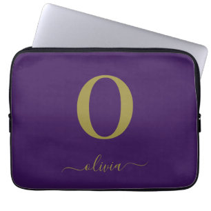 Monogram Script Name Personalized Purple And Gold Laptop Sleeve