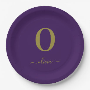 Monogram Script Name Personalized Purple And Gold Paper Plate