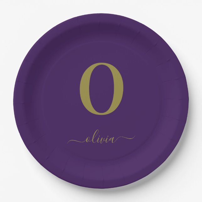 Monogram Script Name Personalized Purple And Gold Paper Plate (Front)
