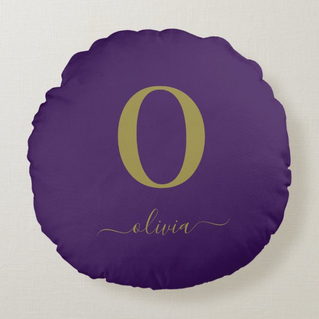 Monogram Script Name Personalized Purple And Gold Round Pillow (Front)