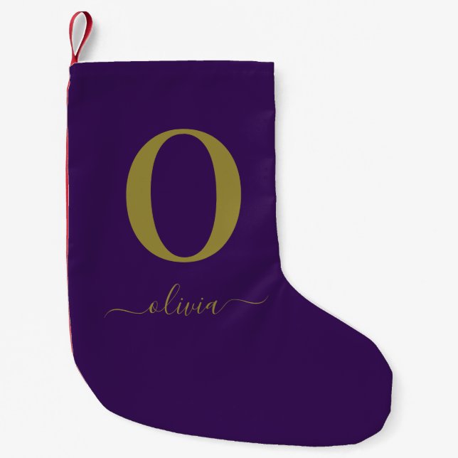 Monogram Script Name Personalized Purple And Gold Small Christmas Stocking (Front)