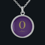 Monogram Script Name Personalized Purple And Gold Sterling Silver Necklace<br><div class="desc">This stylish monogram and elegant script name design can be given as a gift for a birthday,  wedding favour,  bridal shower or any occasion. It can be customized with the person's initial and name.</div>
