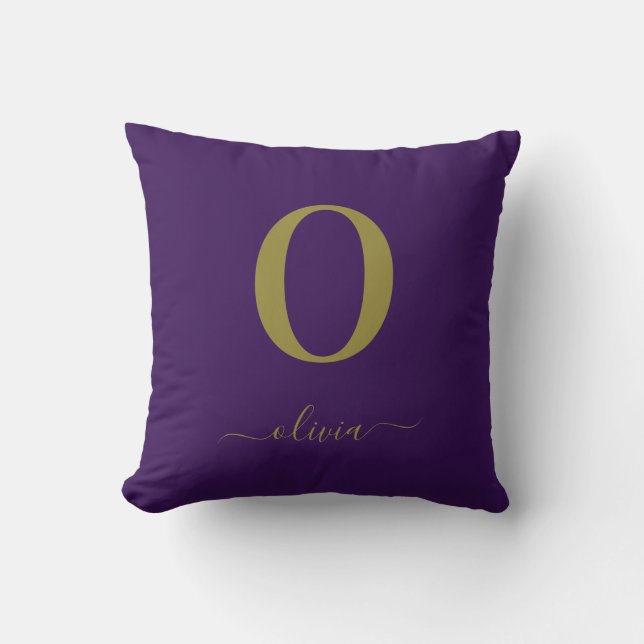 Monogram Script Name Personalized Purple And Gold Throw Pillow (Front)