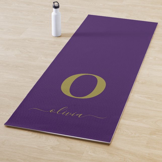 Monogram Script Name Personalized Purple And Gold Yoga Mat (In Situ)
