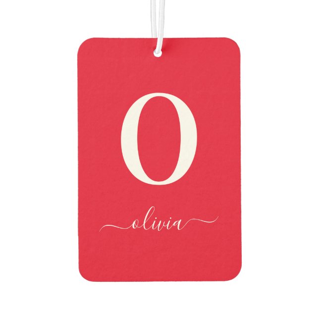Monogram Script Name Personalized Red And White Air Freshener (Back)