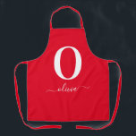 Monogram Script Name Personalized Red And White Apron<br><div class="desc">This stylish monogram and elegant script name design can be given as a gift for a birthday,  wedding favour,  bridal shower or any occasion. It can be customized with the person's initial and name.</div>
