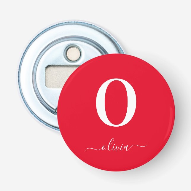 Monogram Script Name Personalized Red And White Bottle Opener (Front)