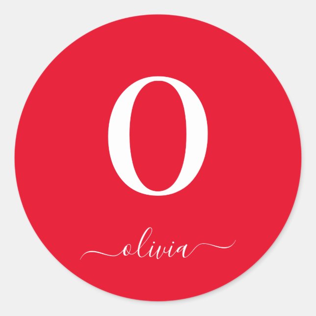 Monogram Script Name Personalized Red And White Classic Round Sticker (Front)