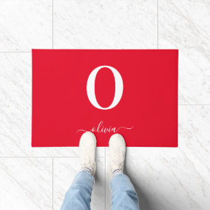 Monogram Script Name Personalized Red And White Doormat