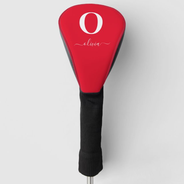 Monogram Script Name Personalized Red And White Golf Head Cover (Front)