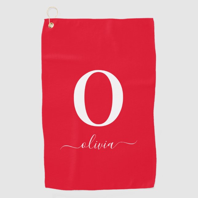 Monogram Script Name Personalized Red And White Golf Towel (Front)