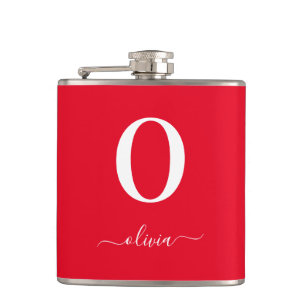 Monogram Script Name Personalized Red And White Hip Flask