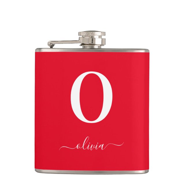 Monogram Script Name Personalized Red And White Hip Flask (Front)