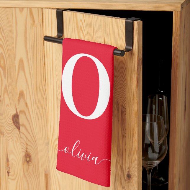 Monogram Script Name Personalized Red And White Kitchen Towel (Thirds Fold)