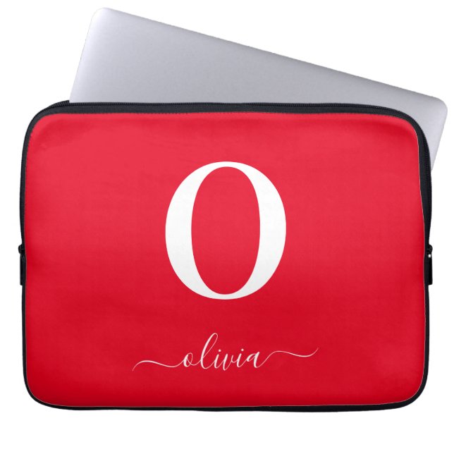 Monogram Script Name Personalized Red And White Laptop Sleeve (Front)