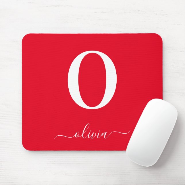 Monogram Script Name Personalized Red And White Mouse Pad (With Mouse)