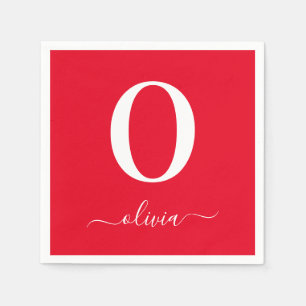 Monogram Script Name Personalized Red And White Napkin