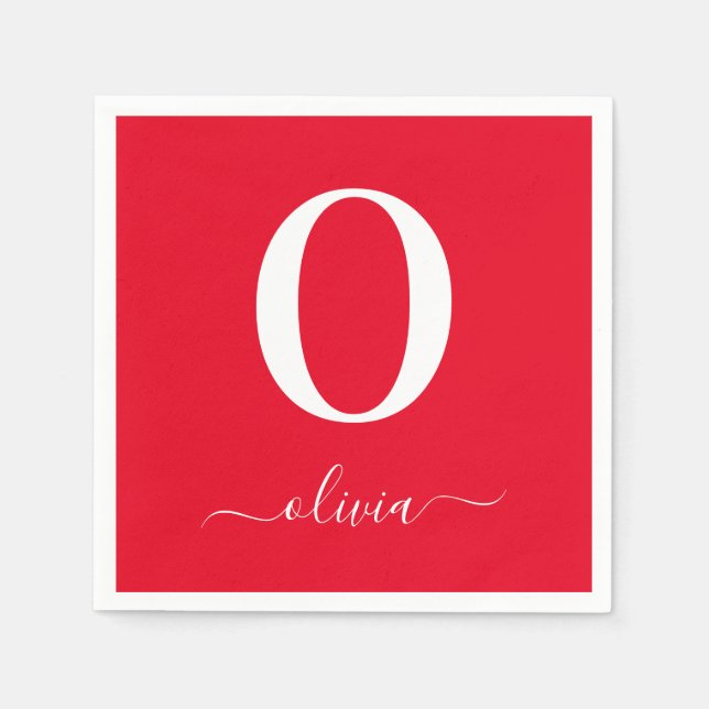Monogram Script Name Personalized Red And White Napkin (Front)