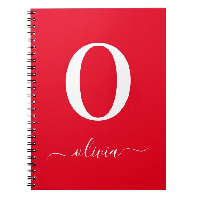 Monogram Script Name Personalized Red And White Notebook (Front)
