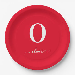 Monogram Script Name Personalized Red And White Paper Plate