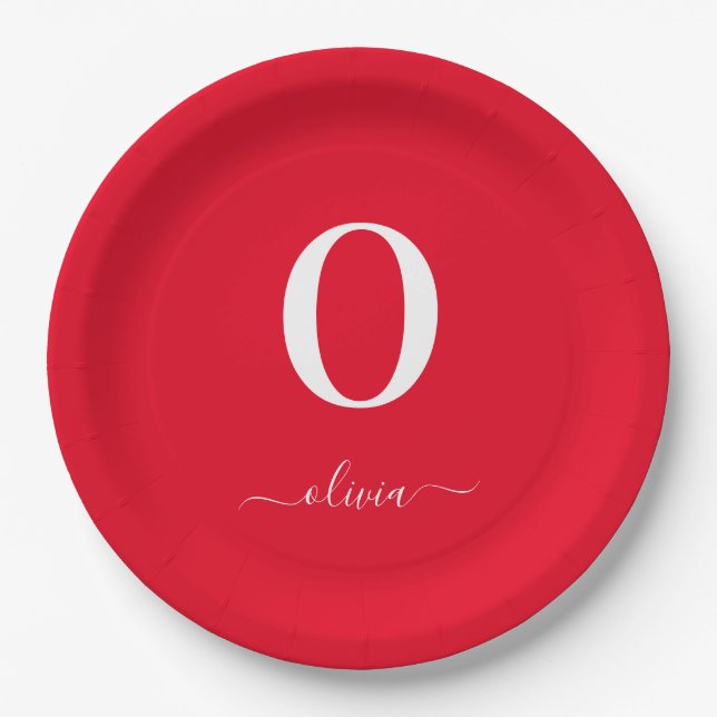 Monogram Script Name Personalized Red And White Paper Plate (Front)