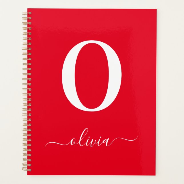 Monogram Script Name Personalized Red And White Planner (Front)