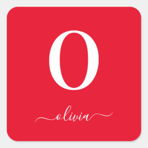 Monogram Script Name Personalized Red And White Square Sticker