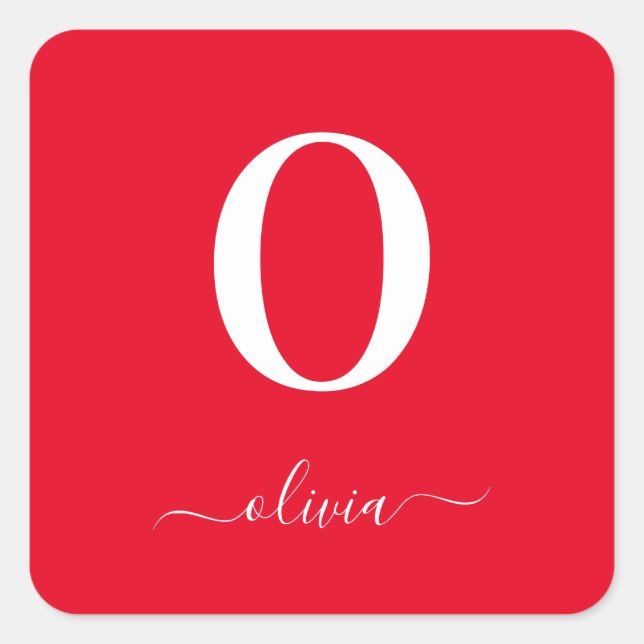 Monogram Script Name Personalized Red And White Square Sticker (Front)