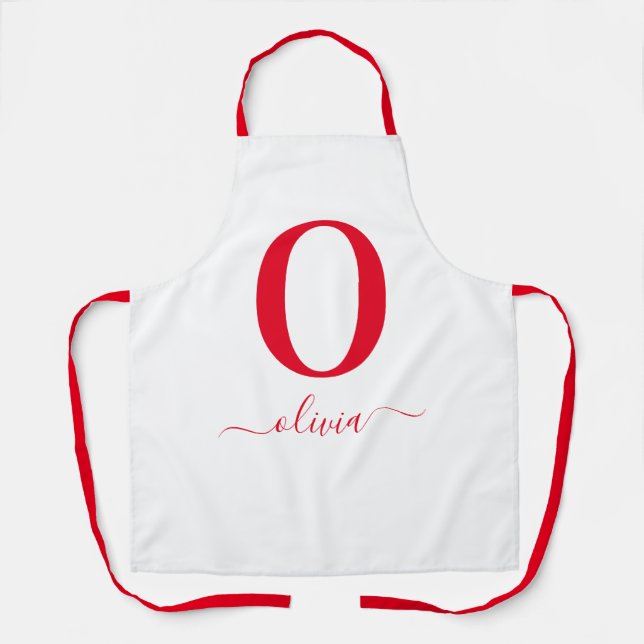 Monogram Script Name Personalized White And Red Apron (Front)