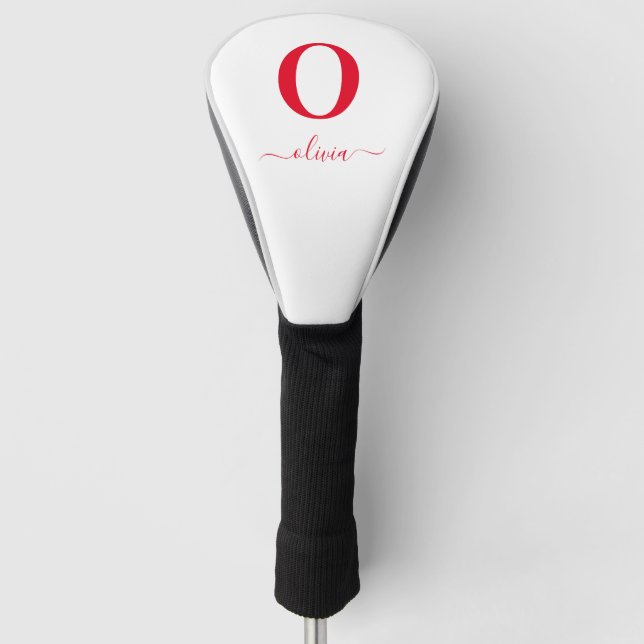 Monogram Script Name Personalized White And Red Golf Head Cover (Front)