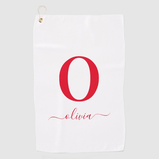 Monogram Script Name Personalized White And Red Golf Towel (Front)