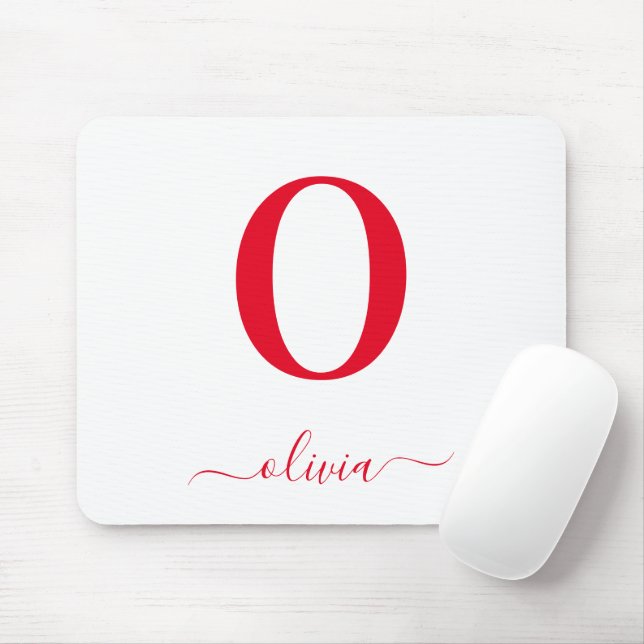 Monogram Script Name Personalized White And Red Mouse Pad (With Mouse)