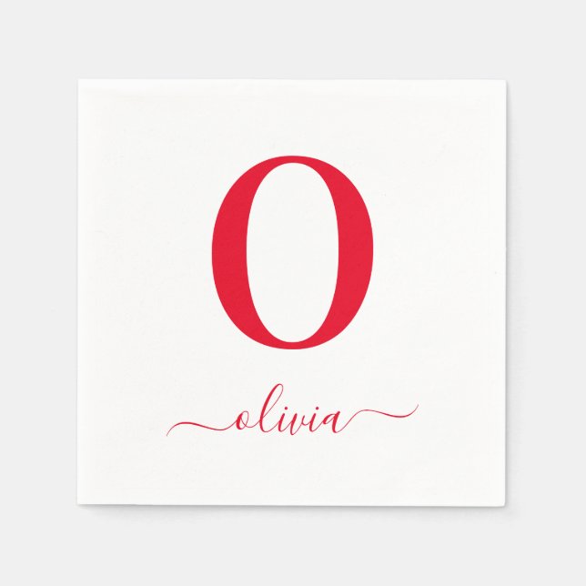 Monogram Script Name Personalized White And Red Napkin (Front)