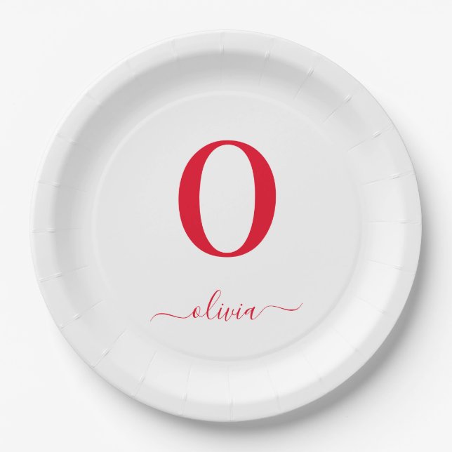 Monogram Script Name Personalized White And Red Paper Plate (Front)