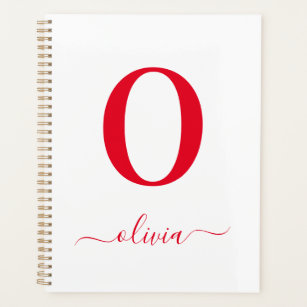 Monogram Script Name Personalized White And Red Planner