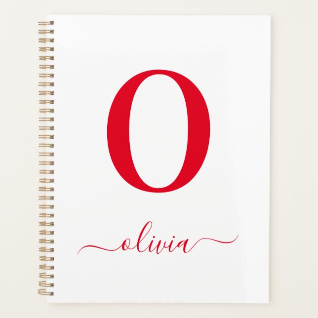 Monogram Script Name Personalized White And Red Planner (Front)